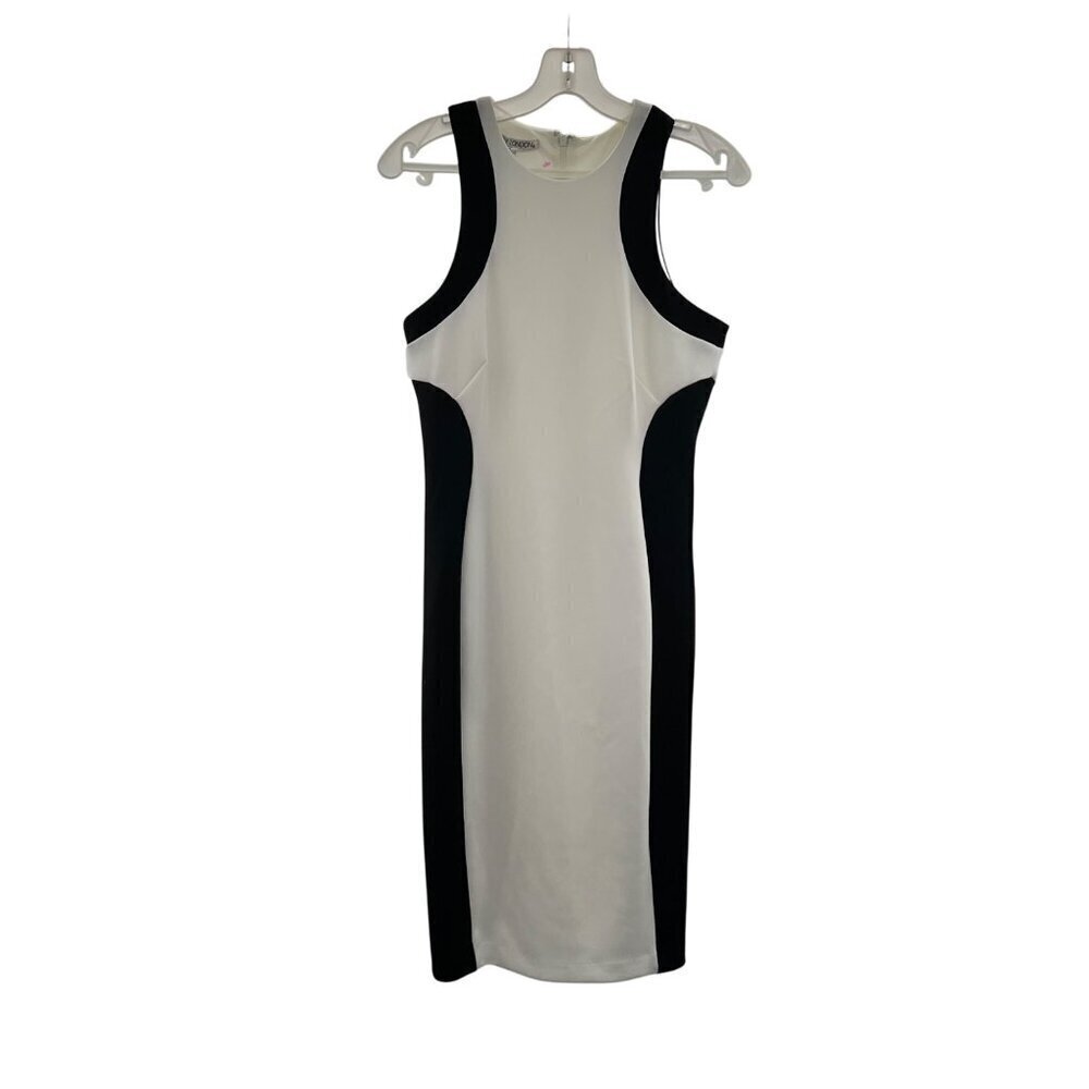 Maggy London Sleeveless Sheath Midi Dress Off White/Black Colorblock Size 6 Zip